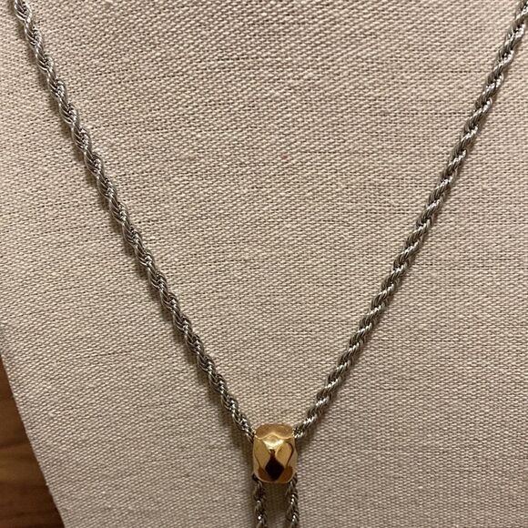 Slide Necklace Rhodium Plated with Gold tone Faceted Beads. - Picture 3 of 4